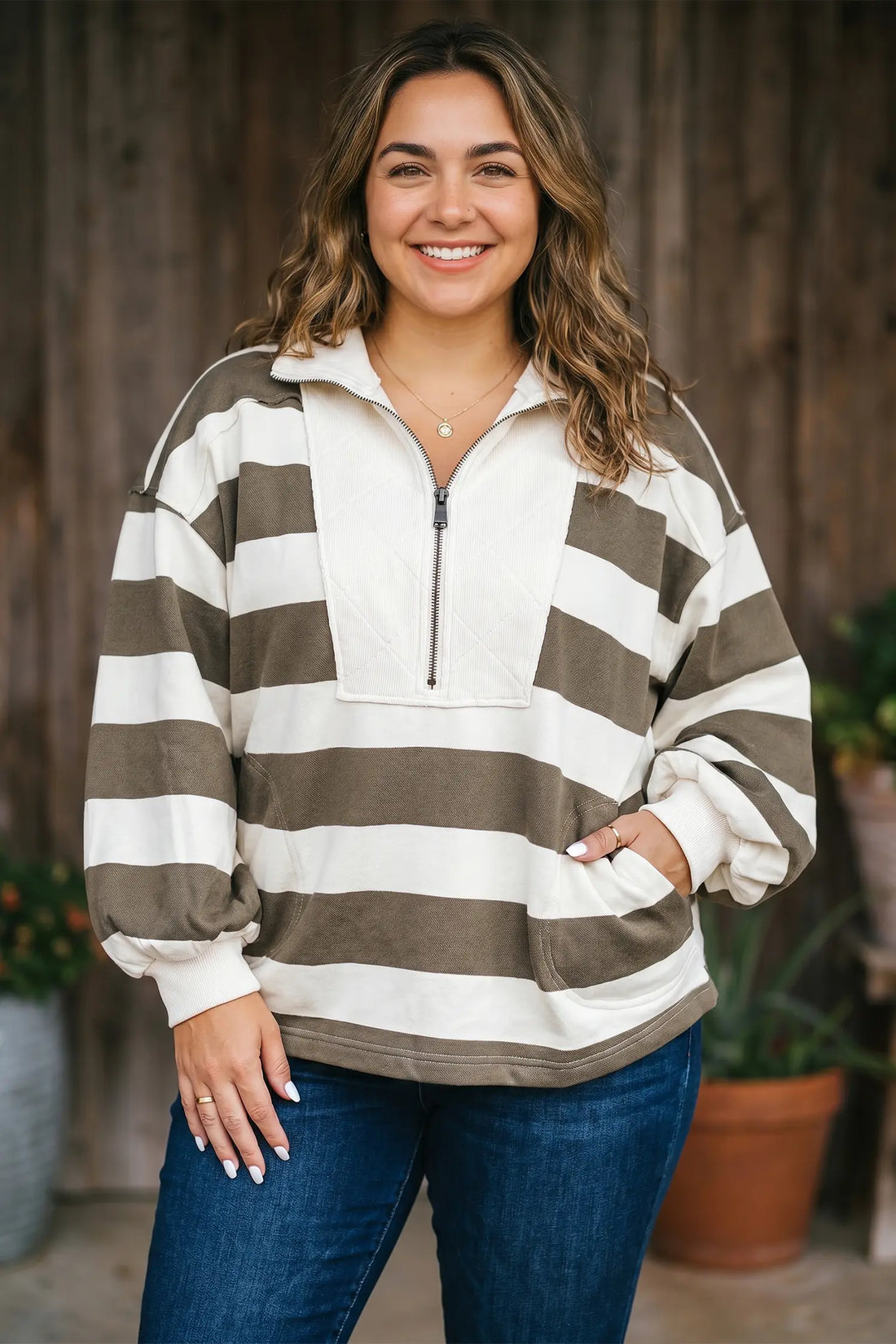 Plus Size Half Zipped Casual Sweatshirt – Green Stripe