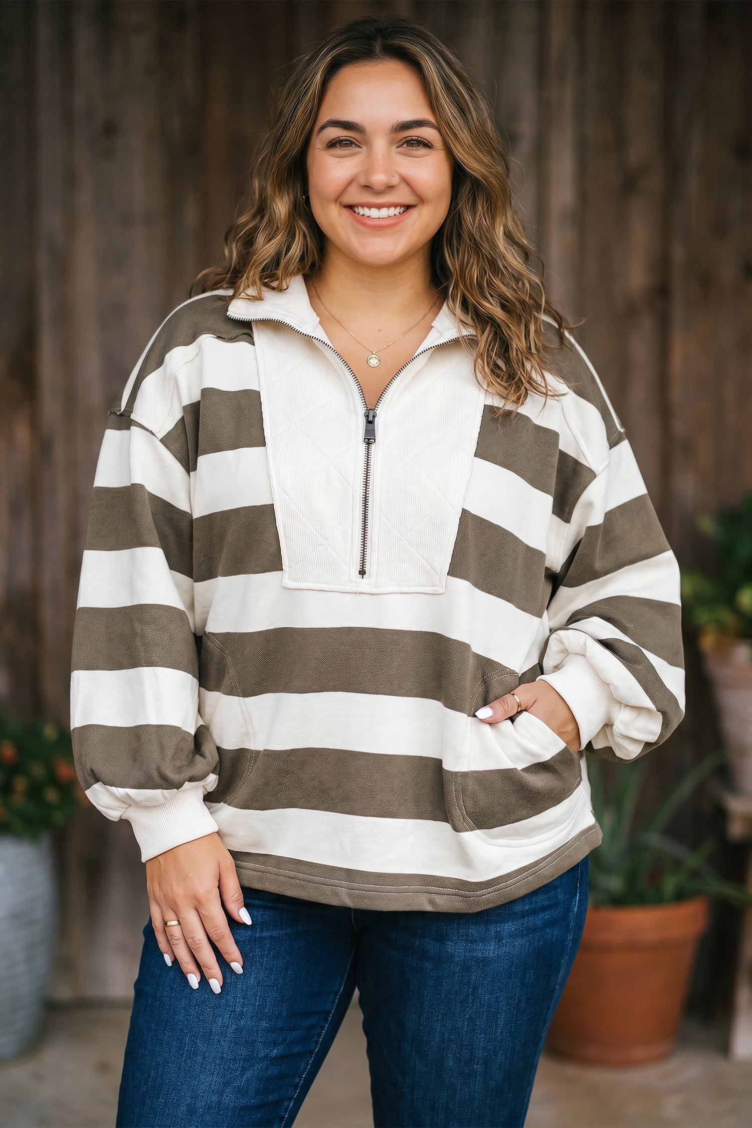 Plus Size Half Zipped Casual Sweatshirt – Green Stripe