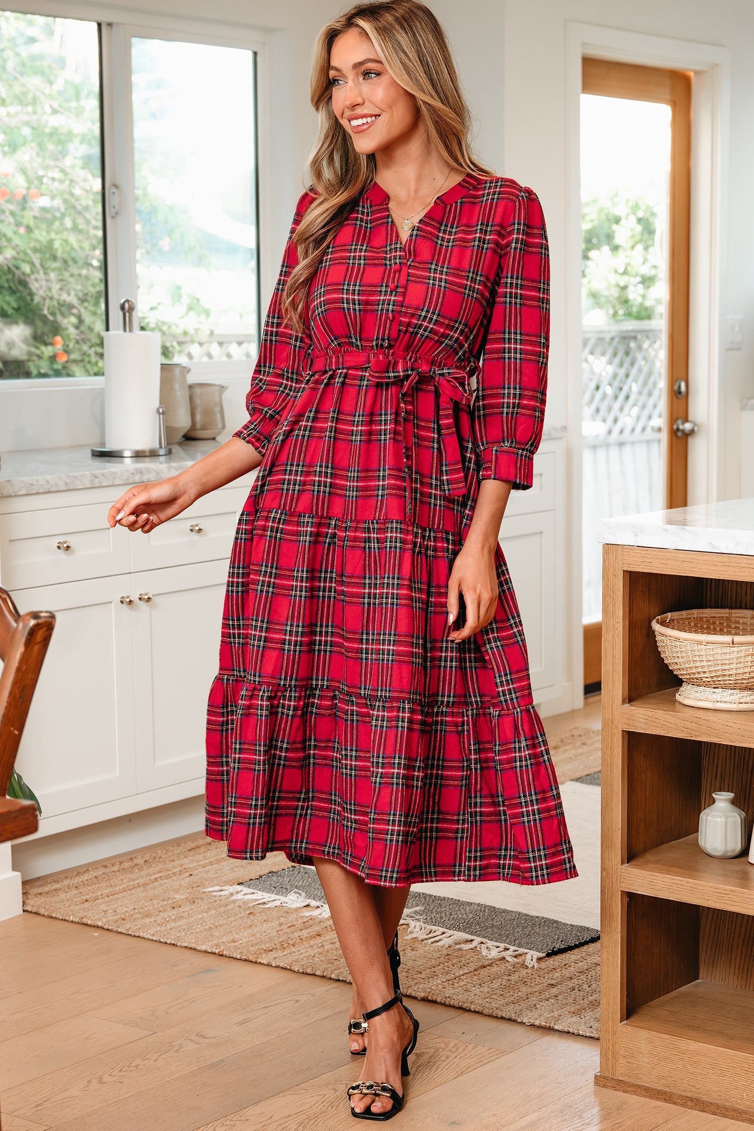 Christmas Plaid Print V-Neck 3/4 Sleeve Tie Waist Long Dress - Dresses/Maxi Dresses