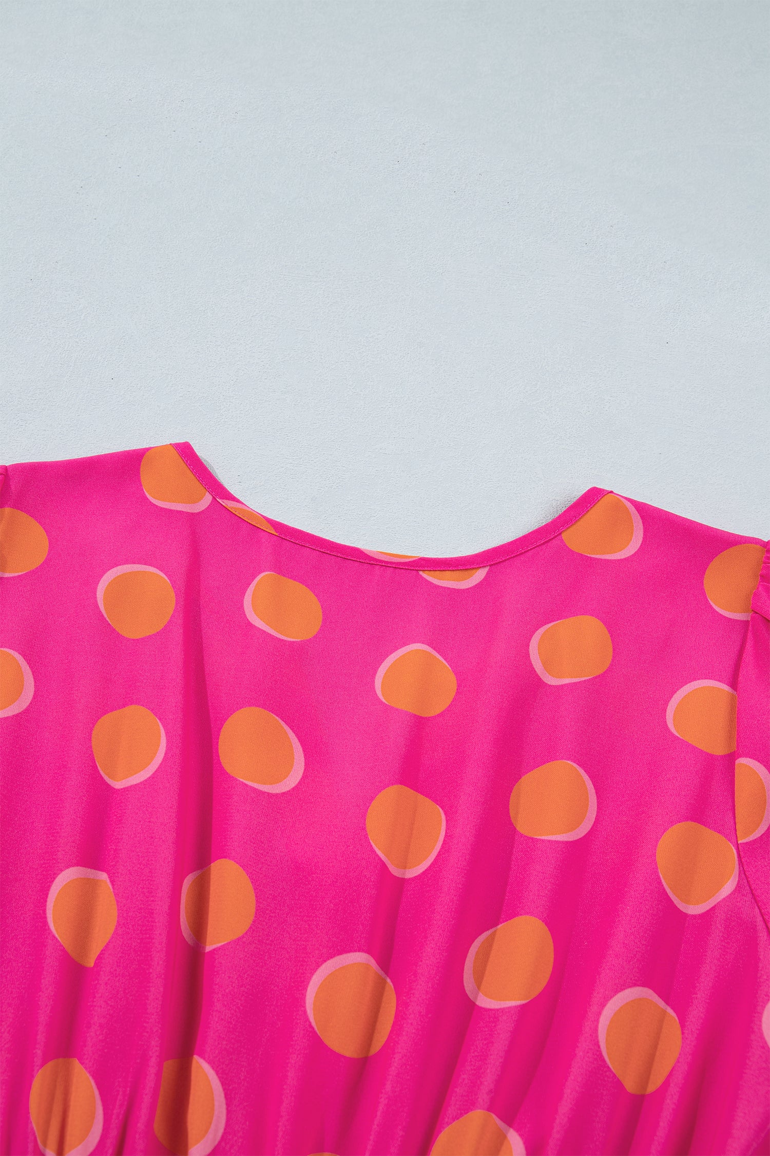 Rose Polka Dot Short Sleeve Shirred High Waist Midi Dress