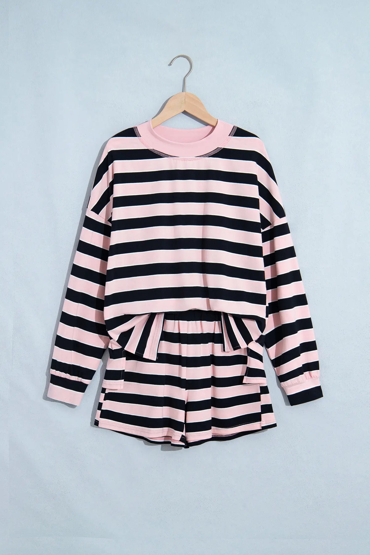 Pink Stripe Oversized Long Sleeve Top Elastic Waist Shorts Casual 2pcs Set