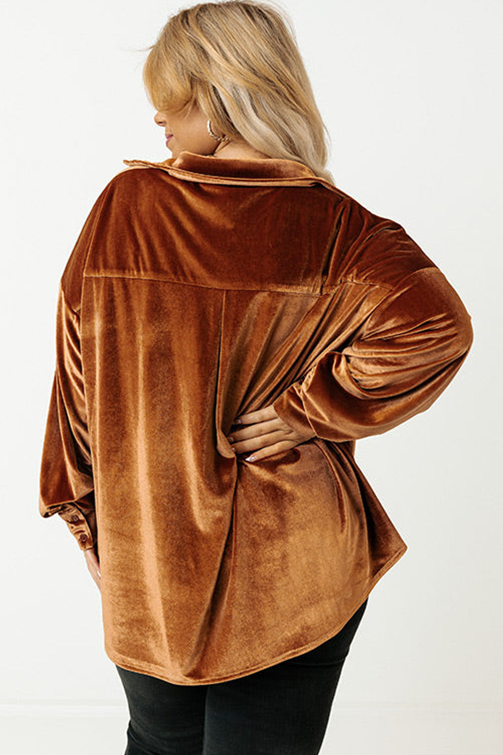 Chestnut Plus Size Velvet Chest Pocket Drop Shoulder Shirt Beagle Boutique Fashion Outlet