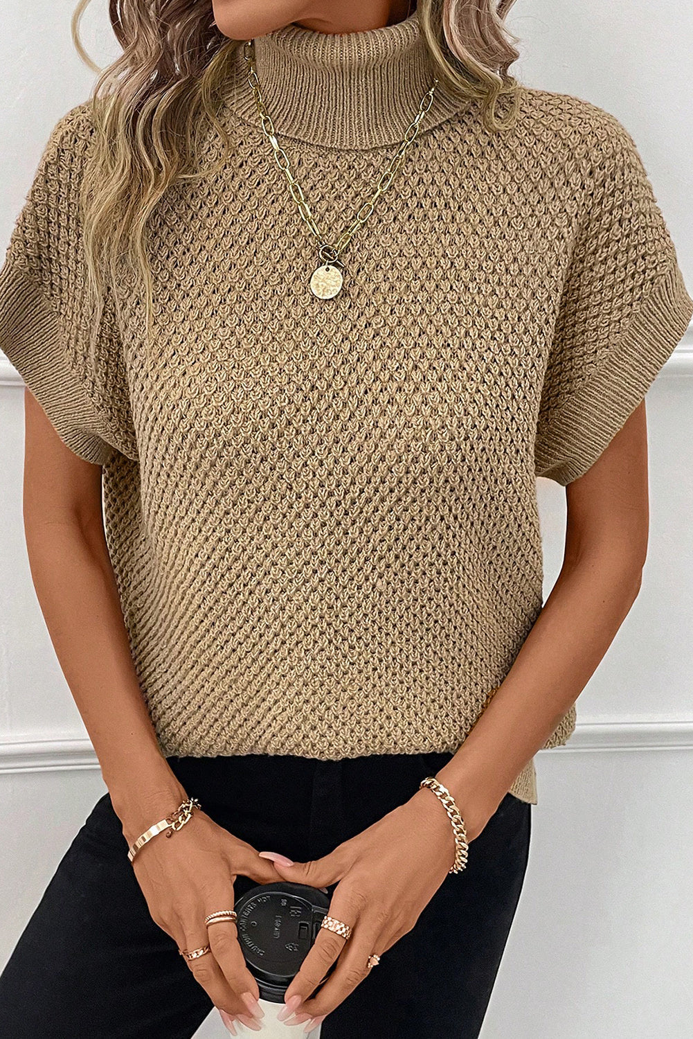 Turtleneck Textured Short Sleeve Sweater eAura