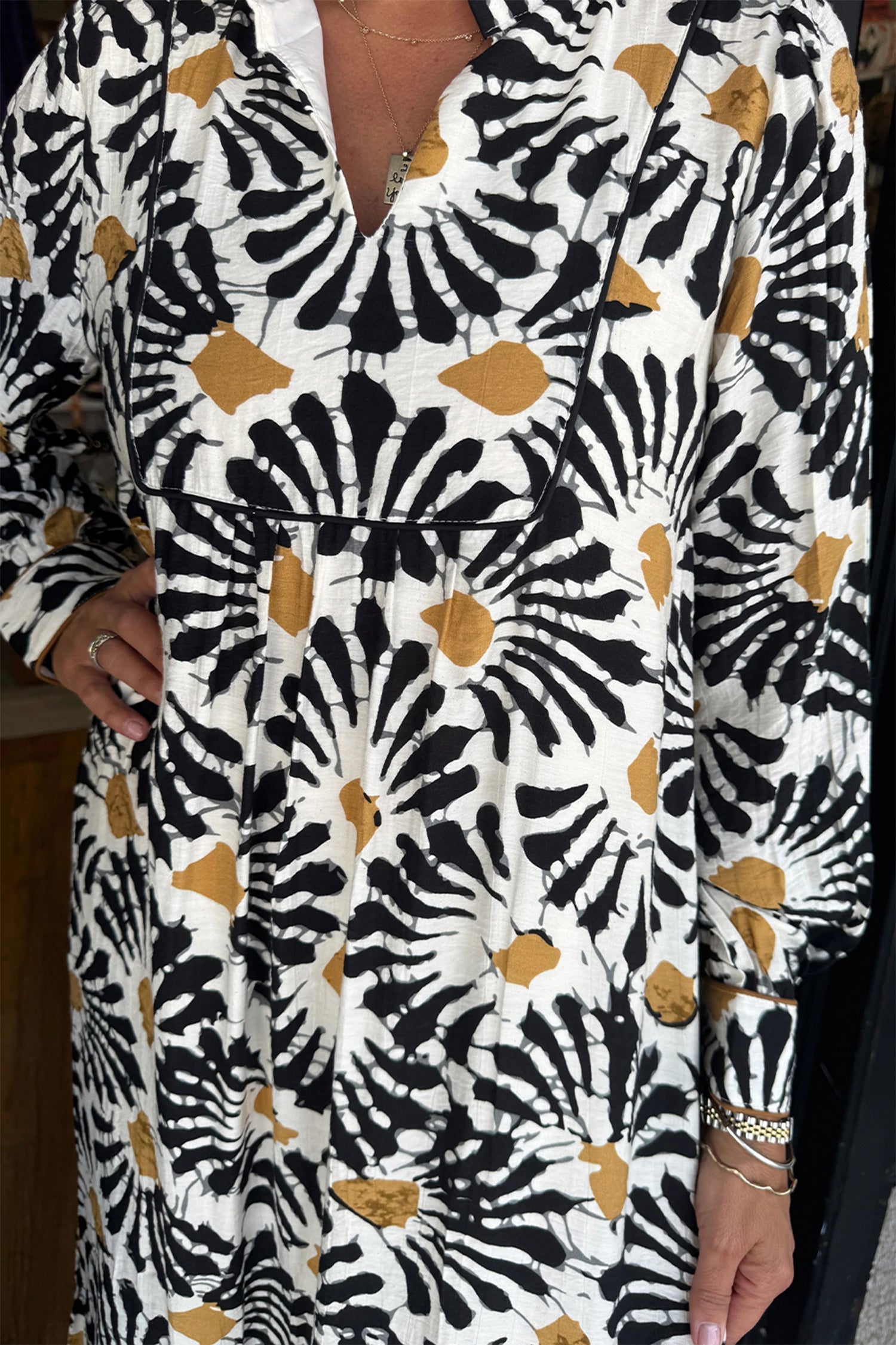 Abstract Floral Print Split V Neck Long Dress with Sleeves - eAura