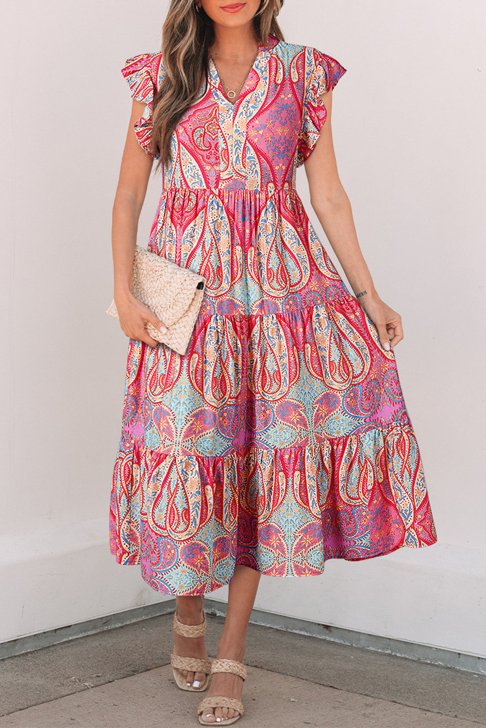 Rose Tribal Paisley Print Ruffled Sleeve Notch Neck Midi Dress eAura