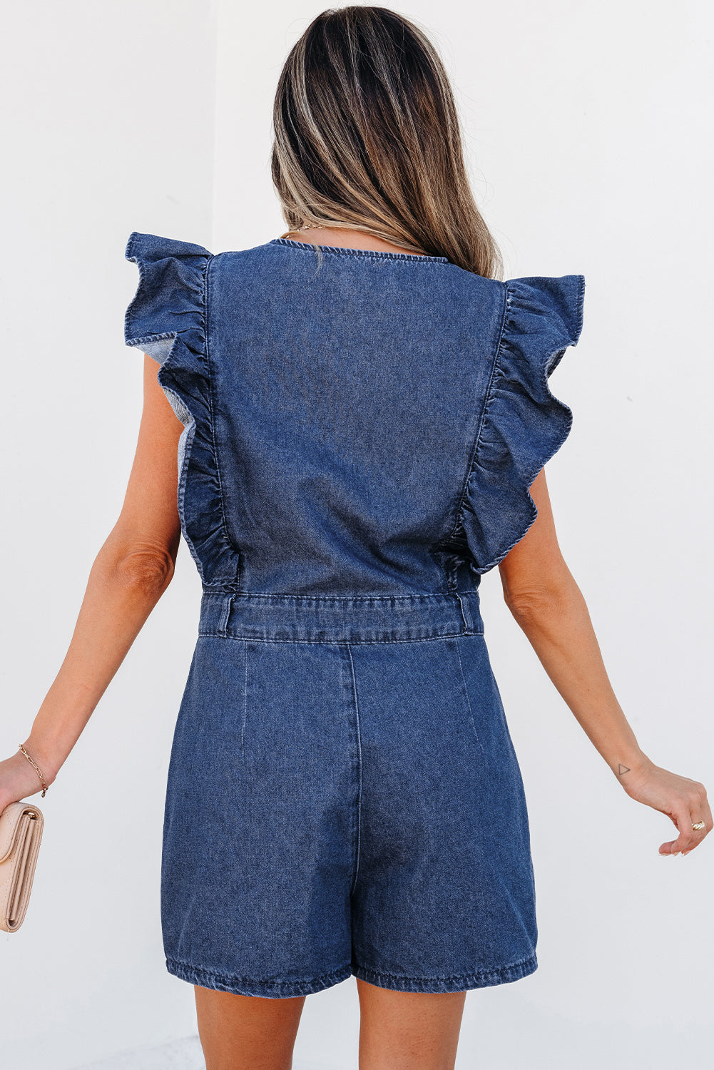 Sail Blue Denim Ruffled Zipped Front Belted Romper eAura