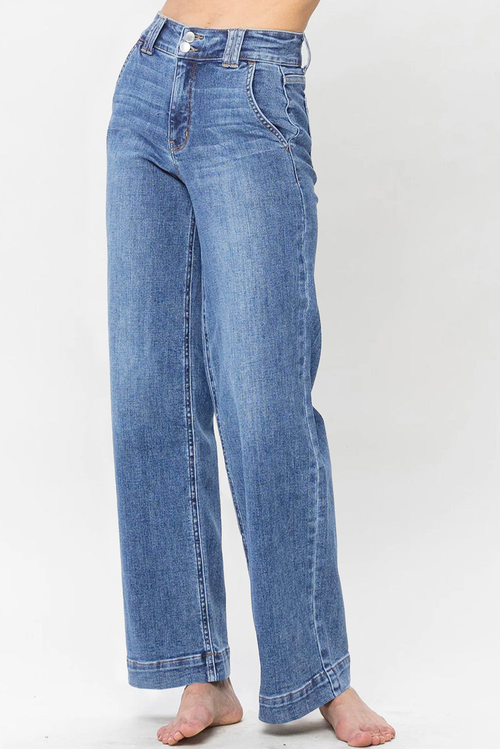 Double Button Zip Fly Straight Leg Jeans - Bottoms/Jeans
