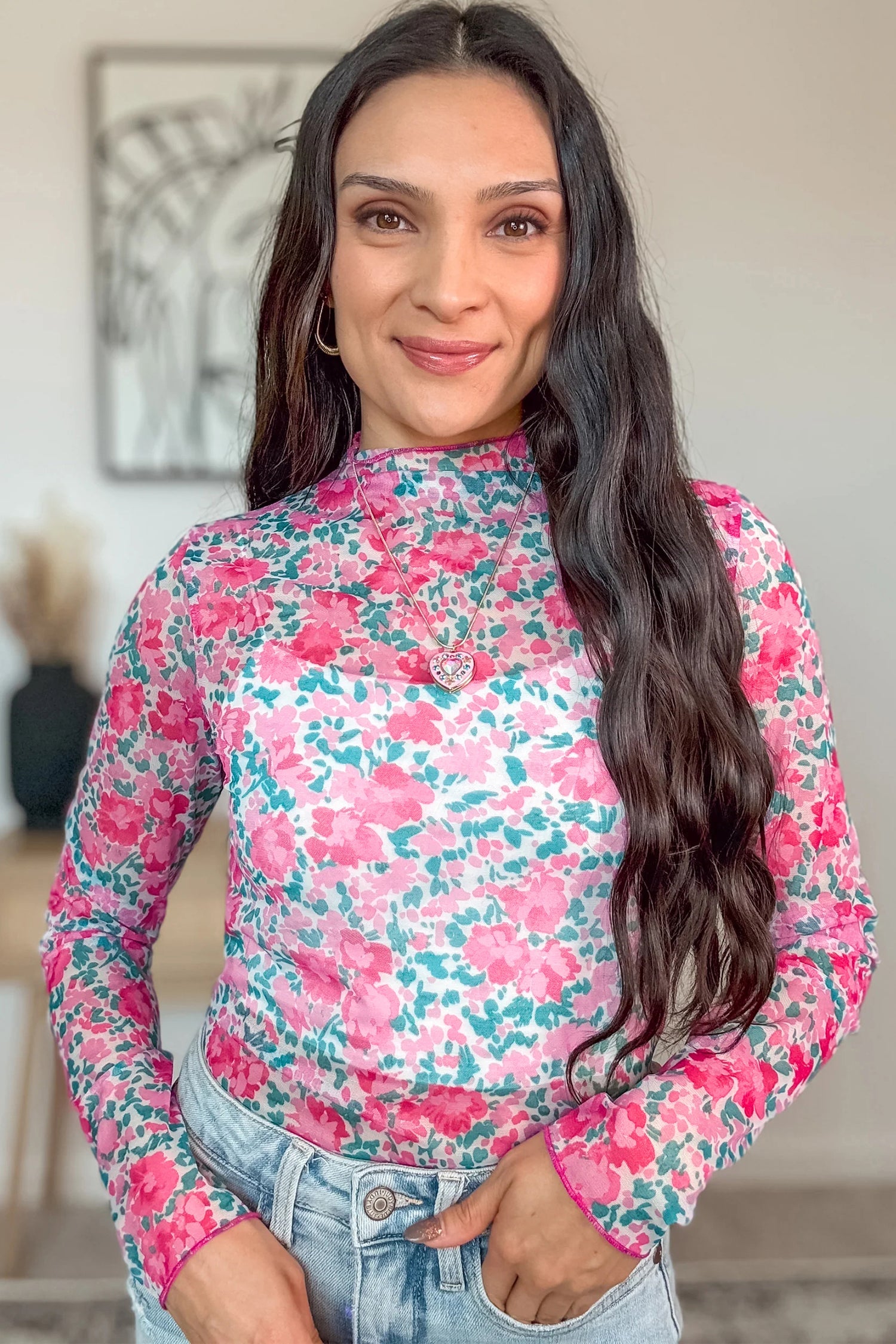 Slim Fit Floral Mesh Long Sleeve Mock Neck Top - eAura