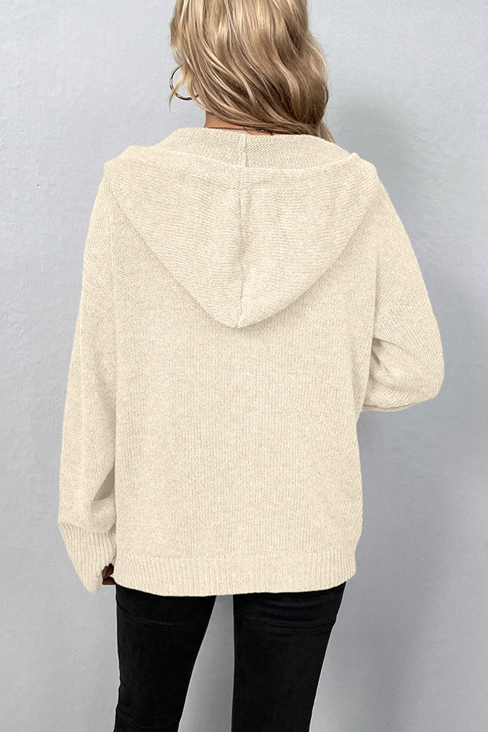 Medium Grey Drawstring Hooded Button Up Drop Shoulder Sweater Cardigan eAura