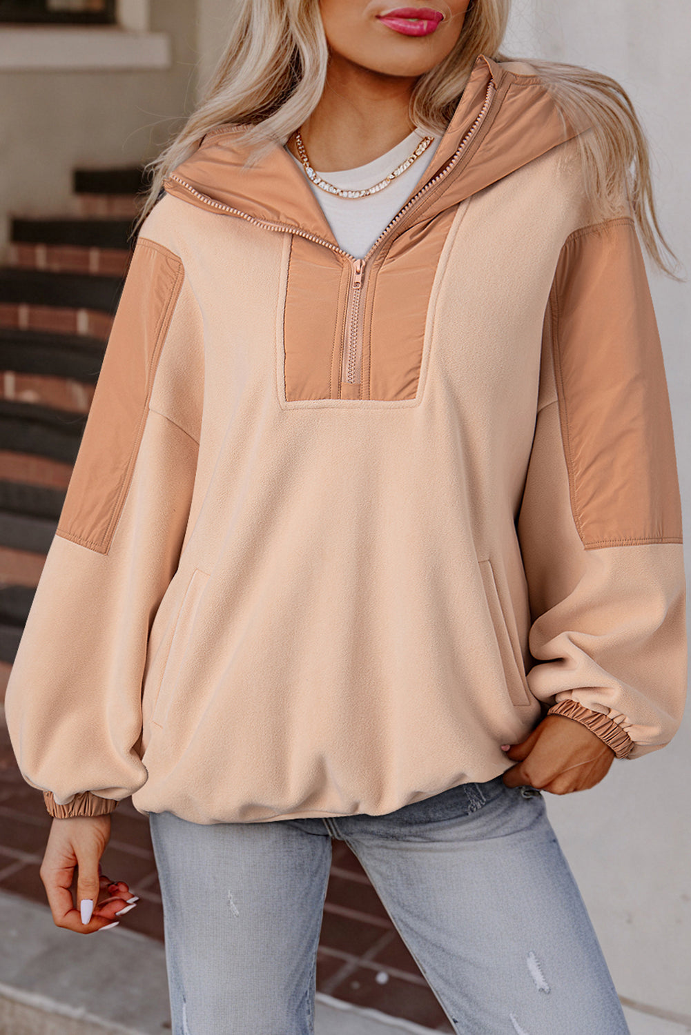 Light French Beige Colourblock Patchwork Half Zip Oversized Sherpa Hoodie eAura