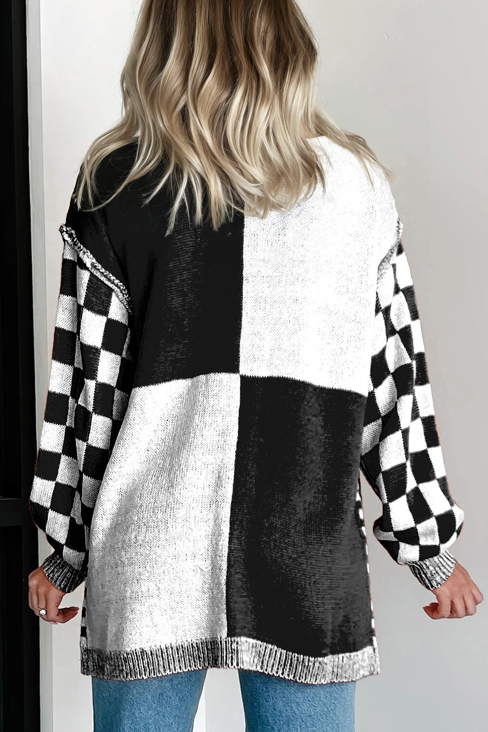 Checkered Bubble Sleeve Drop Shoulder Open Cardigan eAura
