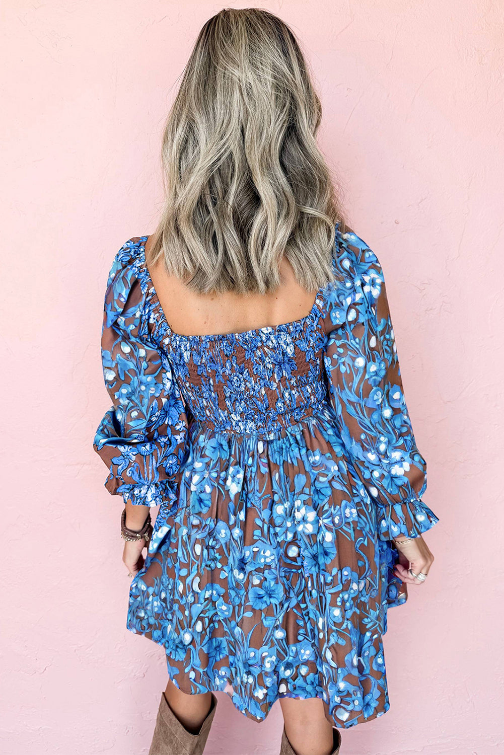 Smocked Bodice Ruffled Sleeve Floral Dress - Dresses/Mini Dresses