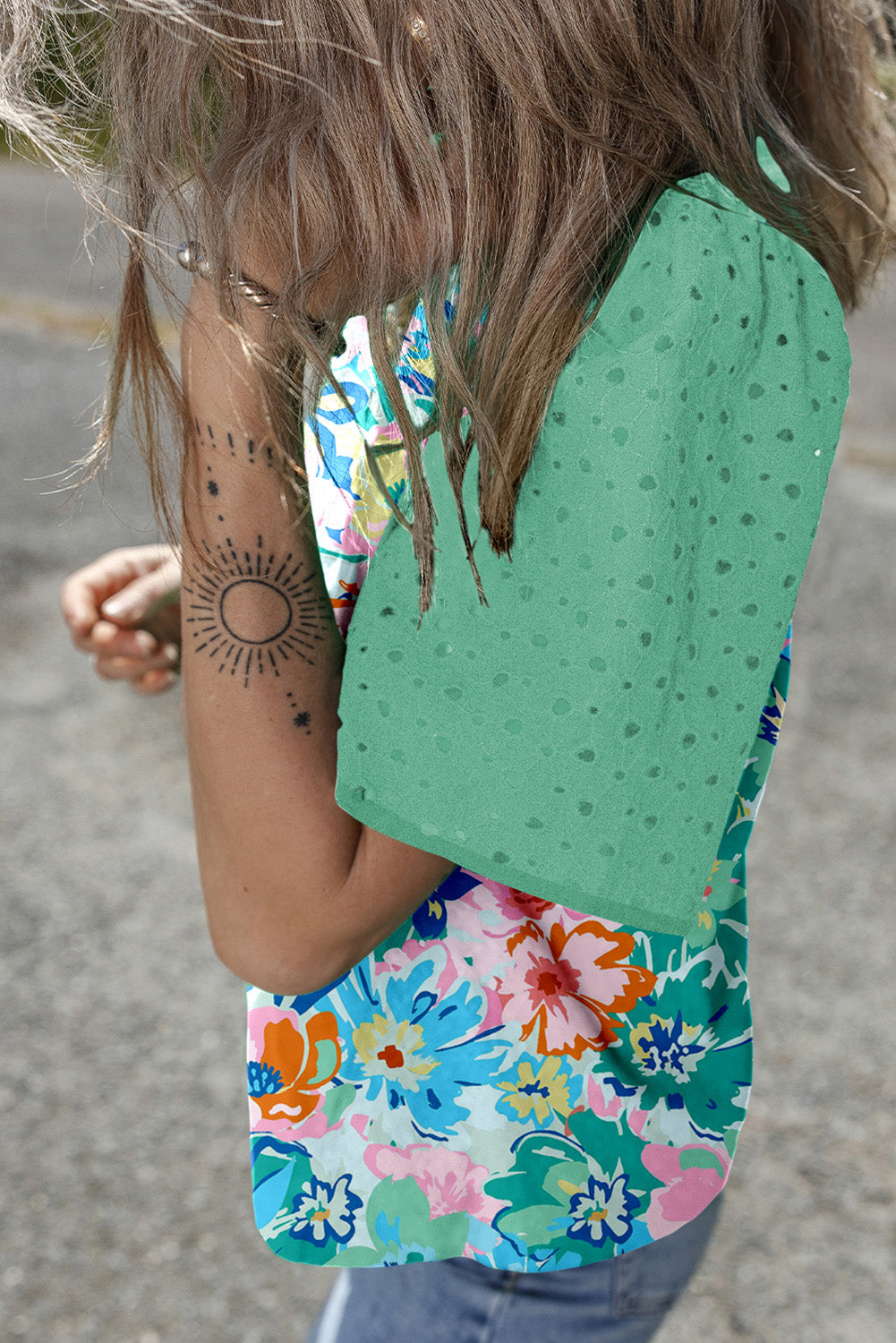 Green Floral Print Eyelet Embroidered Short Sleeve Crew Neck Top eAura