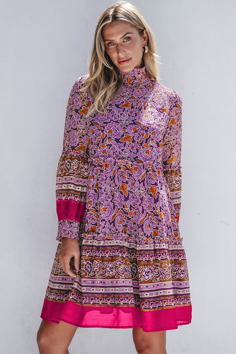 Purple Floral Smocked Puff Sleeve High Neck Mini Dress eAura