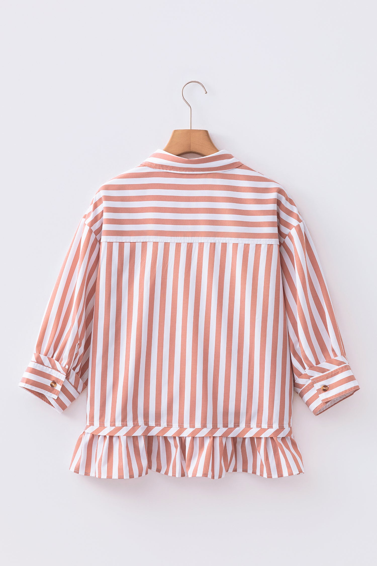 Button Front Ruffle Hem Bracelet Sleeve Shirt – Khaki Stripe