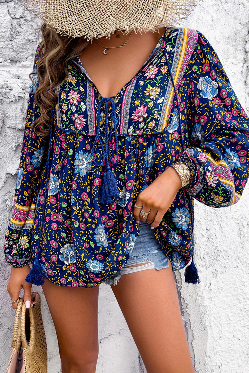 Traditional Print Tassel Tie Front Blouse - eAura