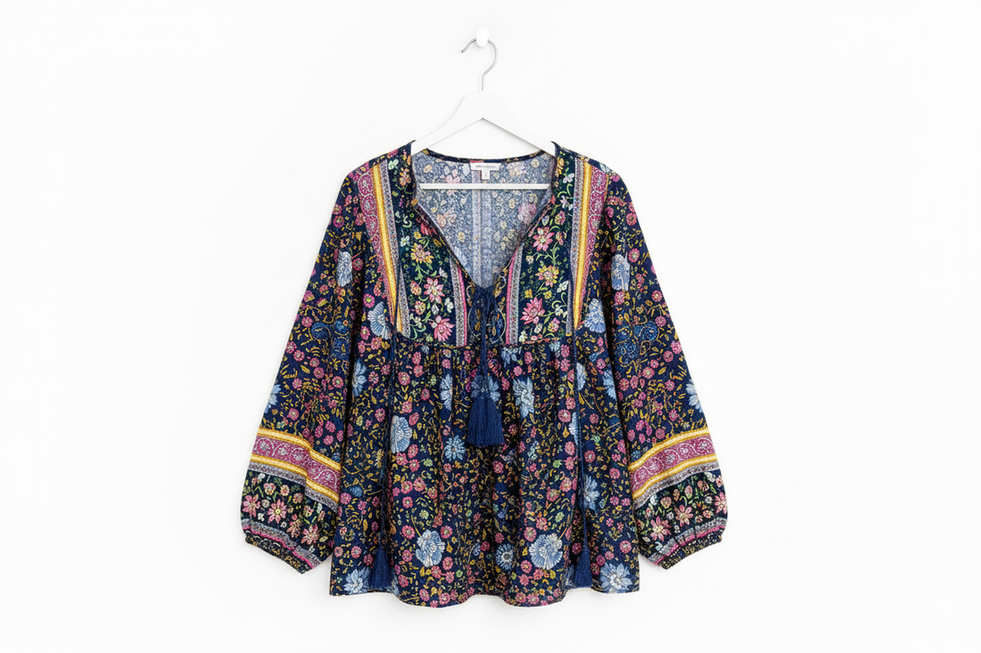 Traditional Print Tassel Tie Front Blouse - eAura