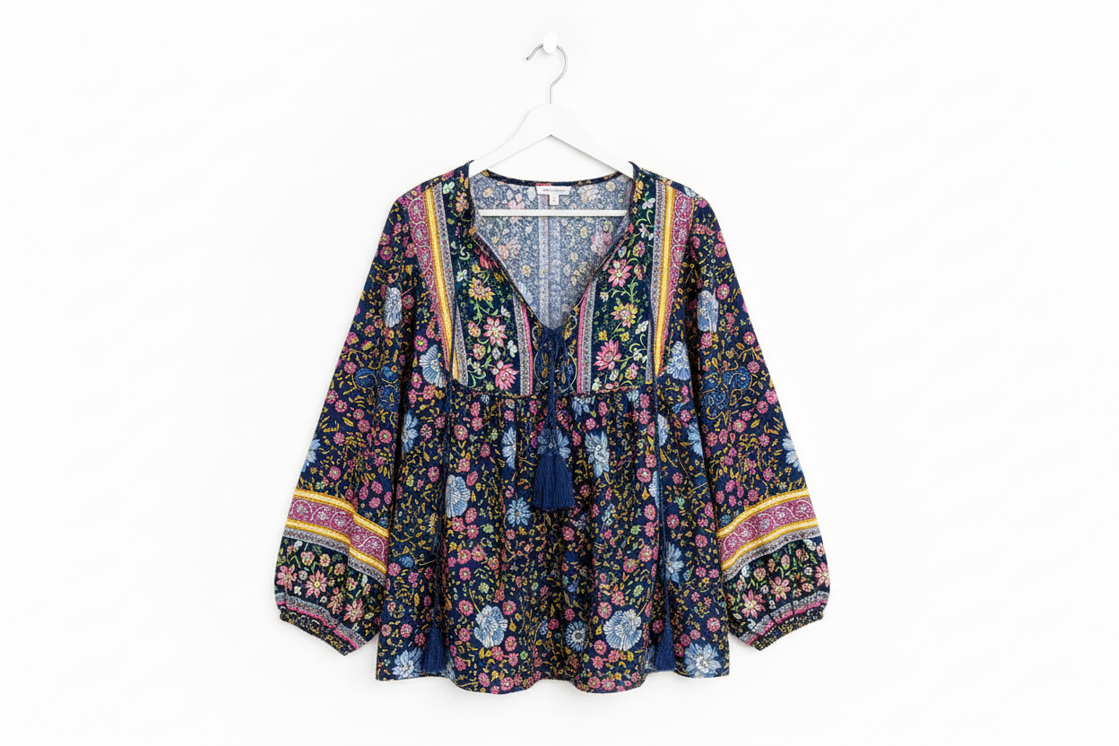 Traditional Print Tassel Tie Front Blouse - eAura
