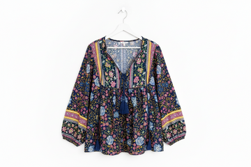 Traditional Print Tassel Tie Front Blouse - eAura