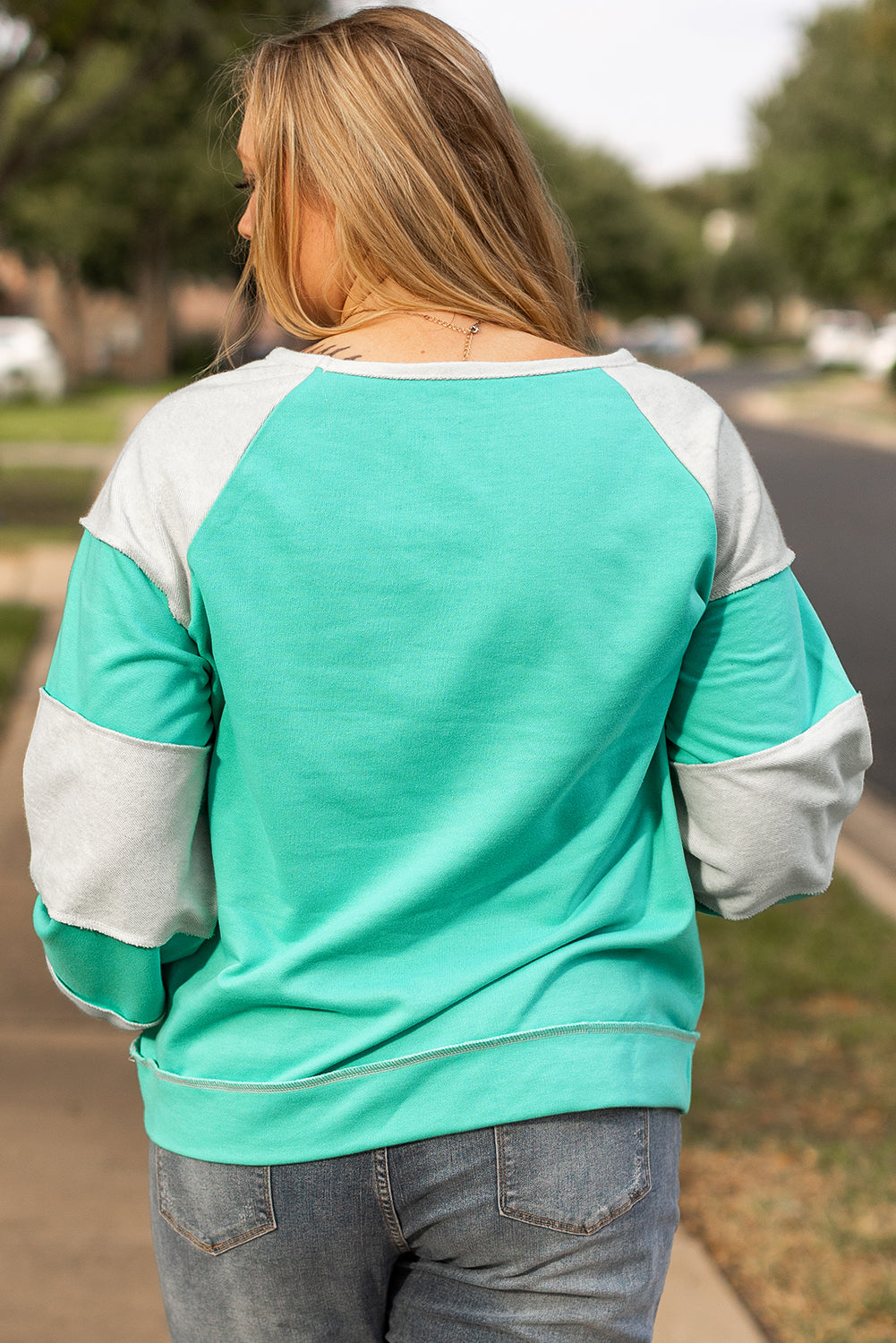 Aruba Blue Colourblock Patchwork Cross Seam Plus Sweatshirt BB Fashion Outlet