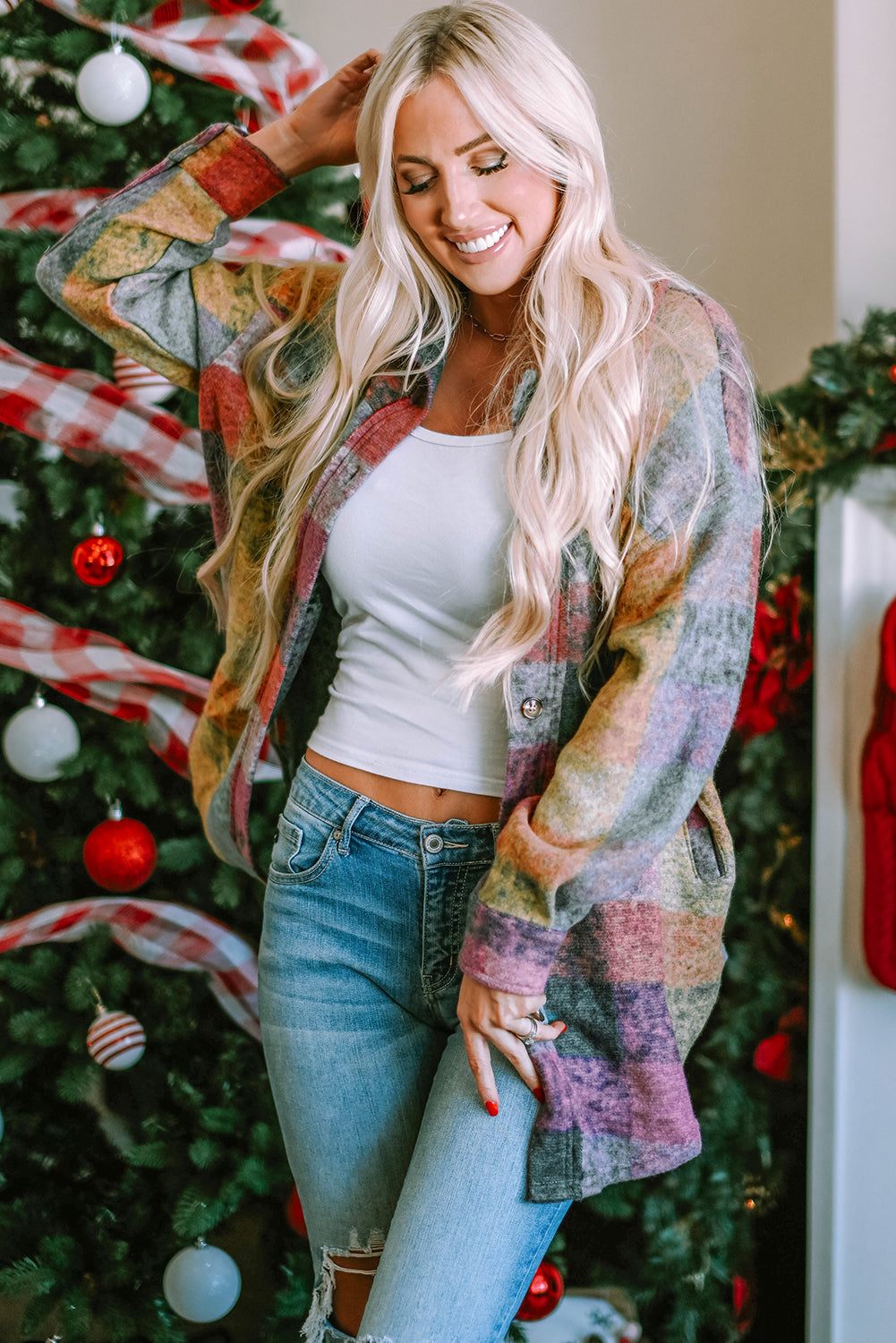 MultiColour Brushed Plaid Pocketed Oversize Shacket eAura