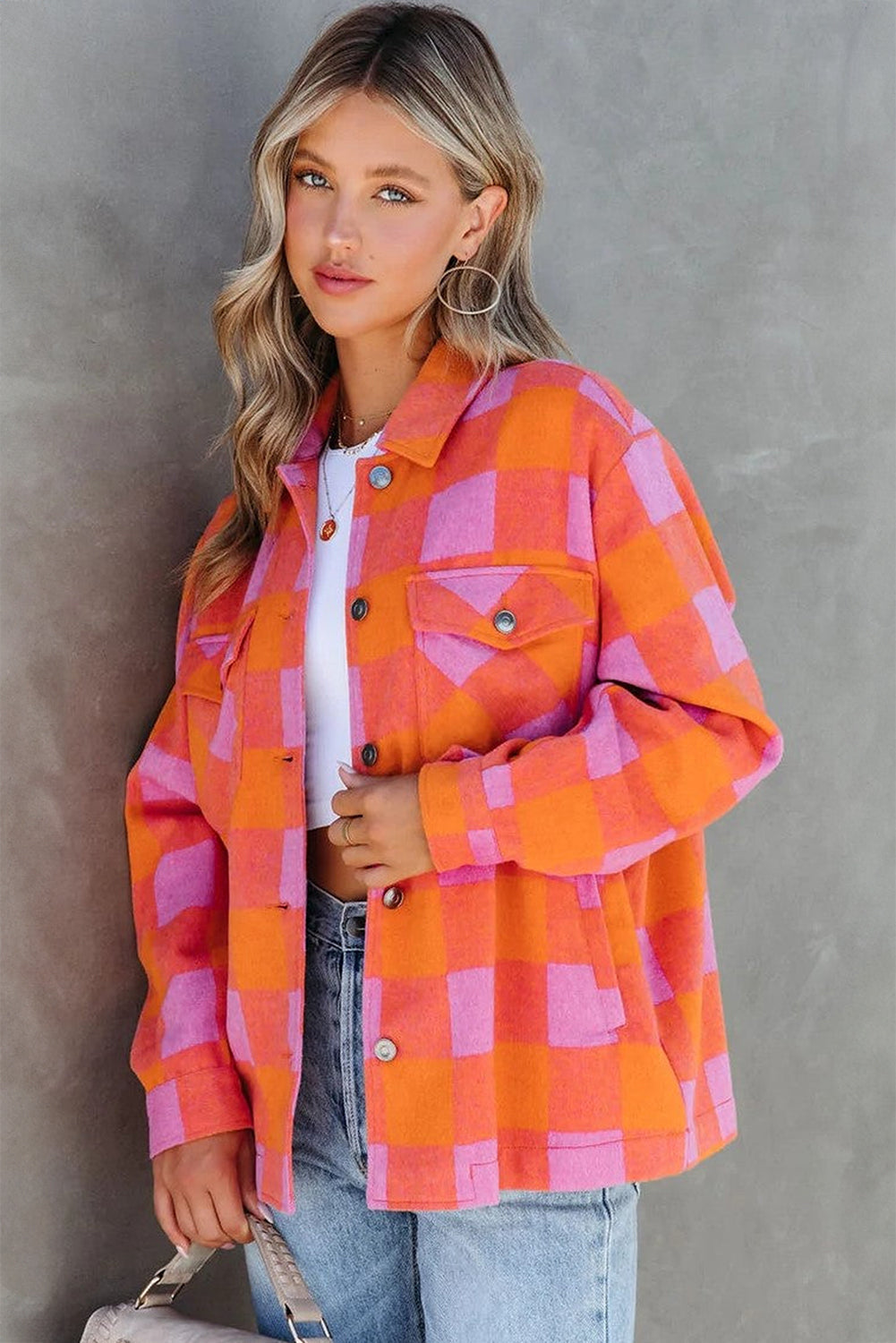 Orange Plaid Chest Pockets Button-up Turn Down Collar Jacket Beagle Boutique Fashion Outlet