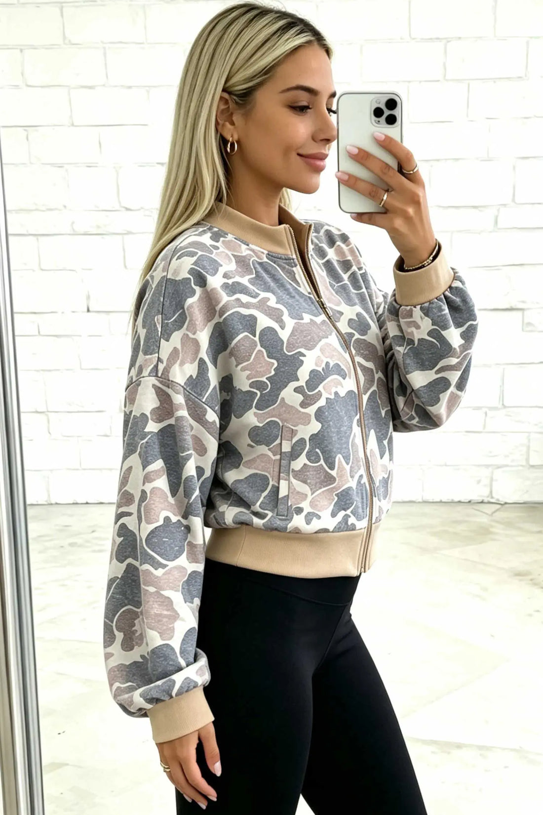Camouflage Print Colour Block Trim Zip Bomber Sweatshirt – Multicolour