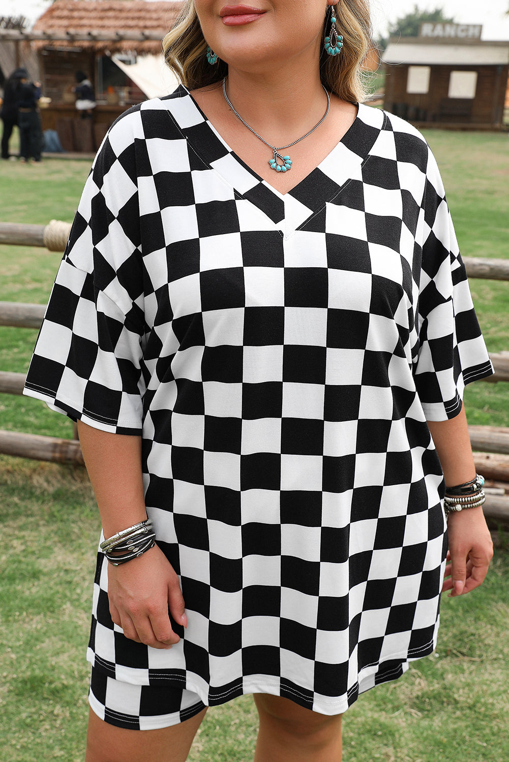 Black Checkered Pattern Tee and Shorts Plus Size Two Piece Set BB Fashion Outlet