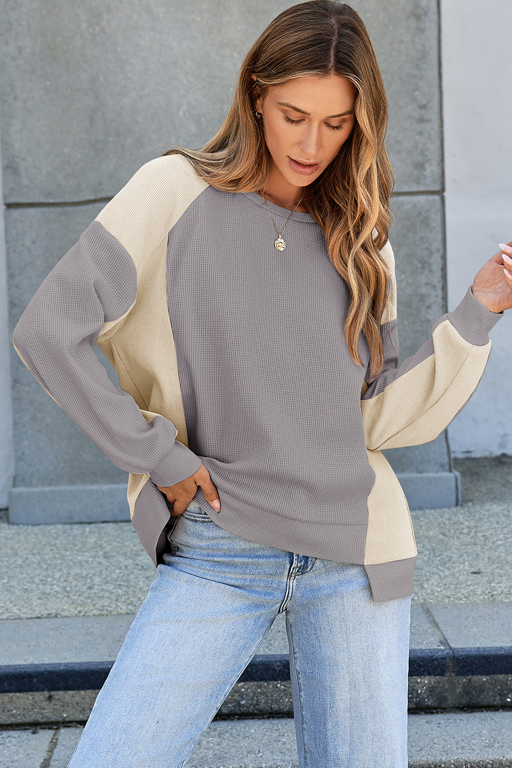 Waffle High Low Raglan Sleeve Sweatshirt - eAura