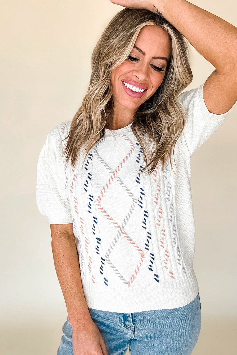 White MultiColour Stitch Detail Cable Knit Short Sleeve Sweater eAura