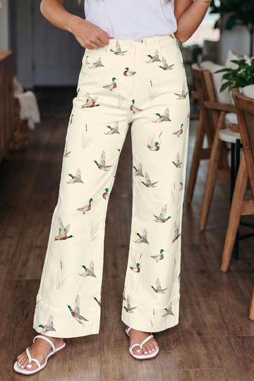 Beige Mallard Print Cuffed Hem Shift Jeans