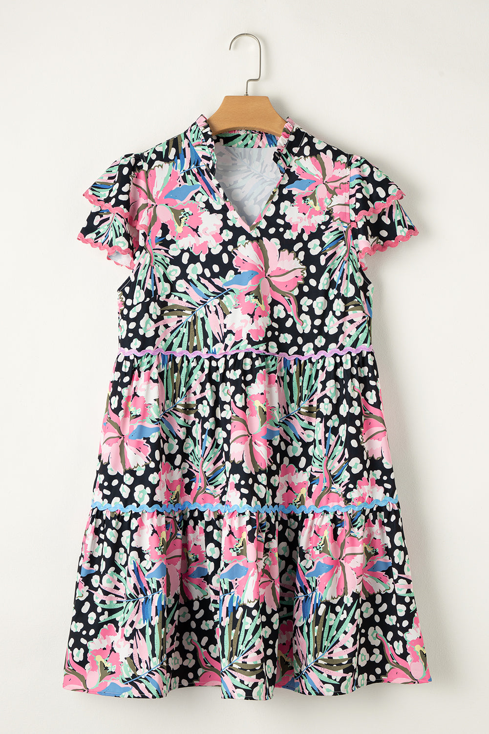 Pink Floral Ricrac Embellished Tiered Mini Dress eAura