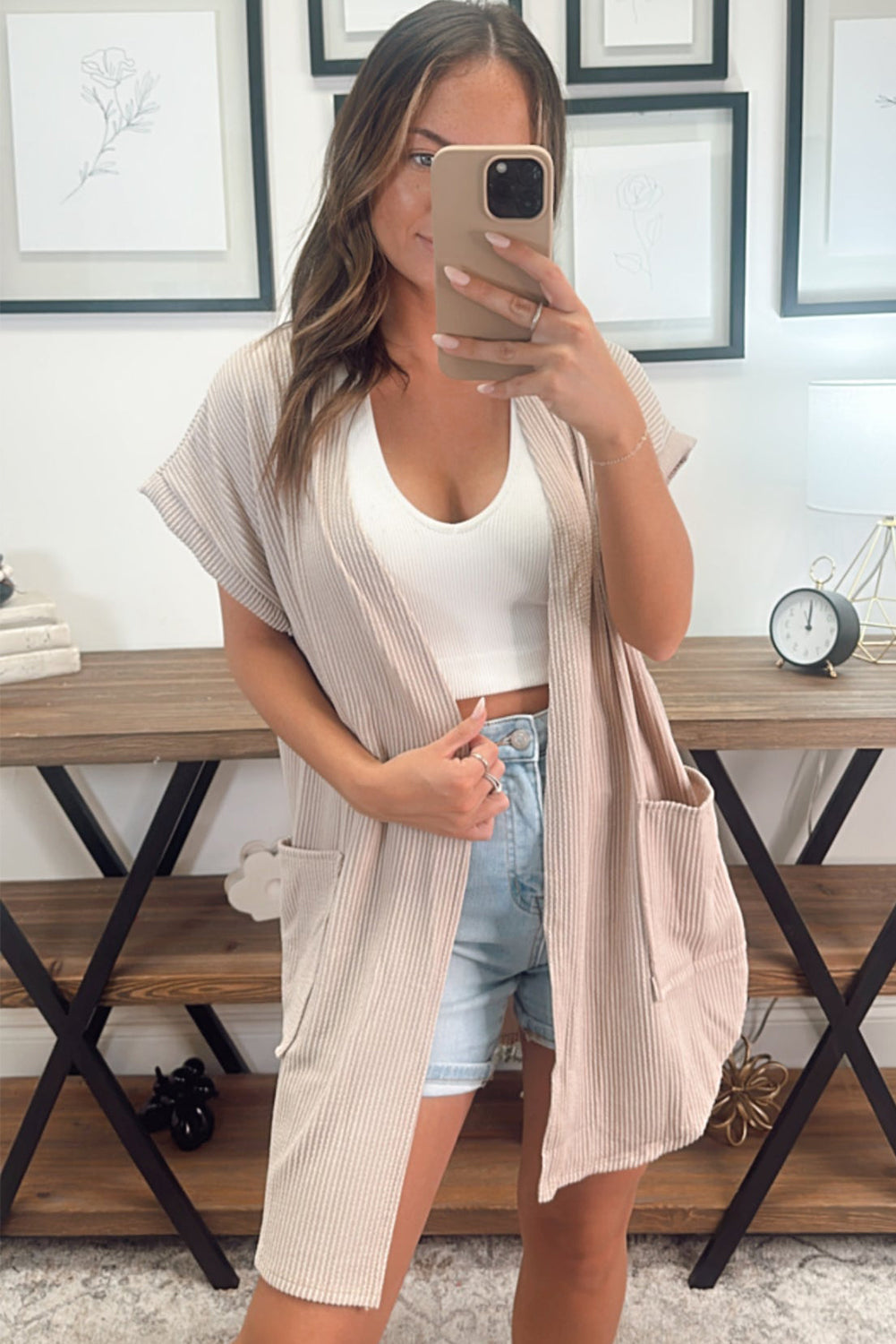Parchment Ribbed Pocketed Short Sleeve Open Front Top BB Fashion Outlet