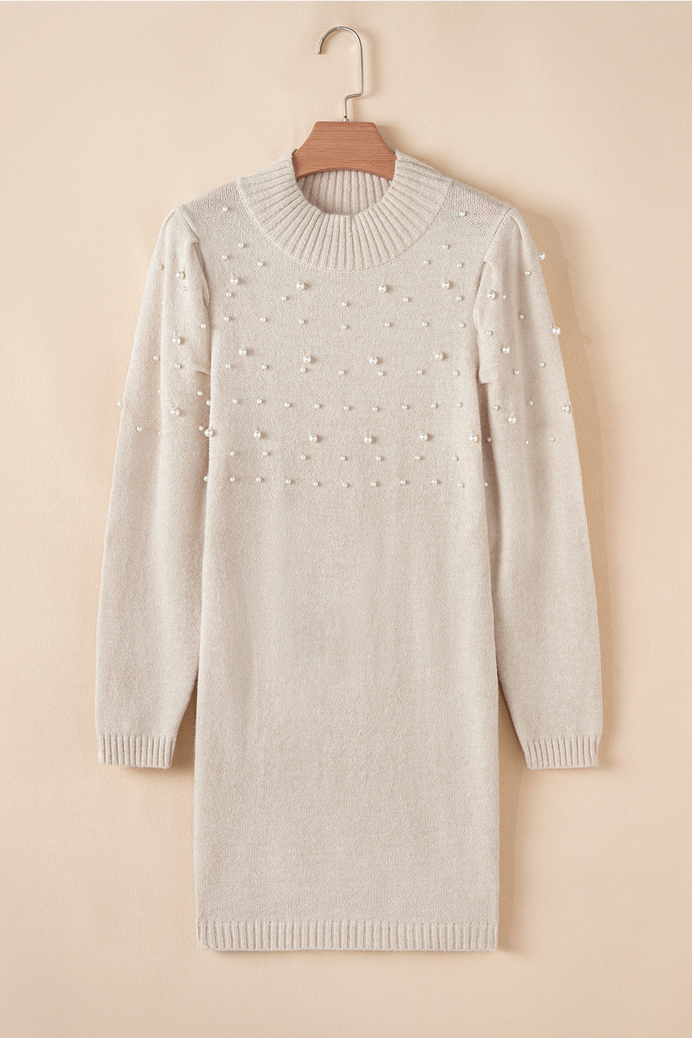Parchment Pearl Beaded High Neck Bodycon Sweater Dress eAura