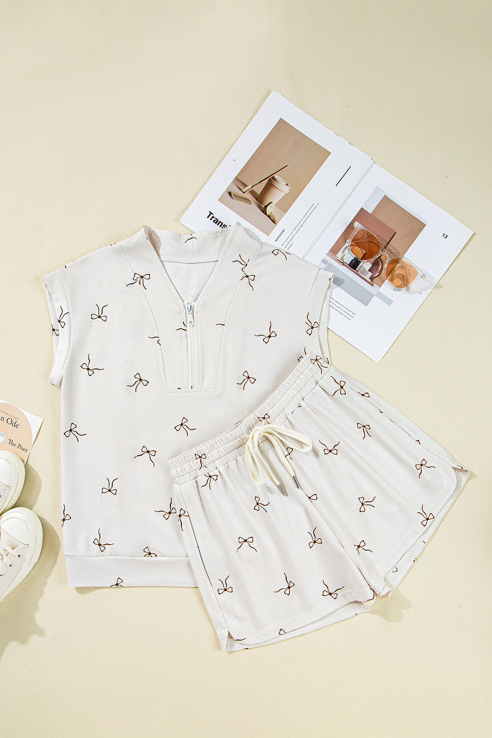 Beige Bow Print Half Zip Tank and Shorts 2pcs Set eAura