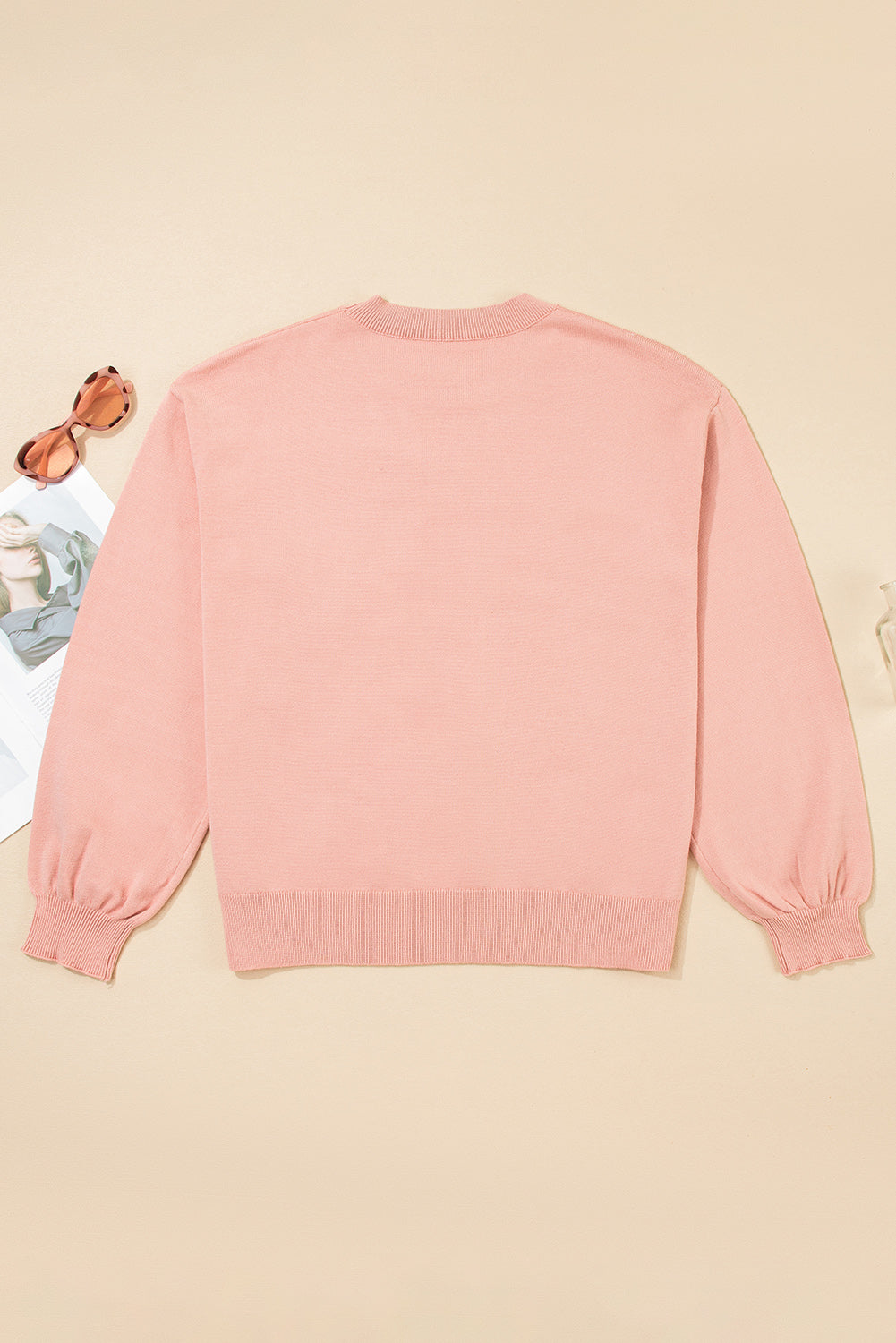 Peach Blossom Big Flower Accent Bubble Sleeve Drop Shoulder Sweater eAura