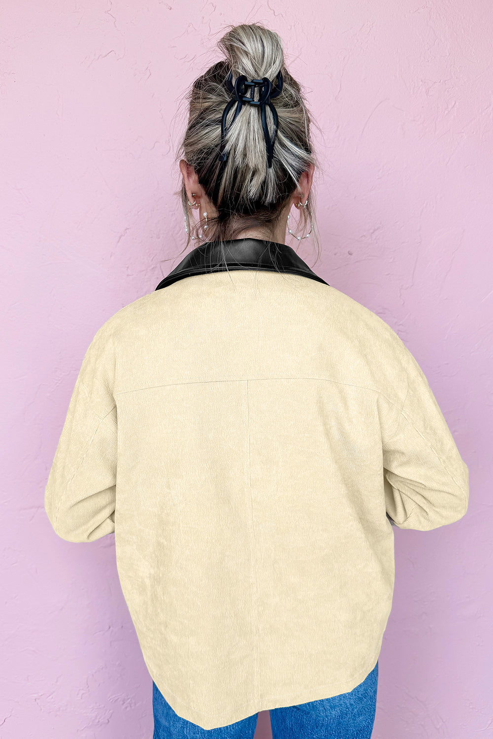 Contrast Faux Leather Collar Textured Zip-Up Jacket - eAura
