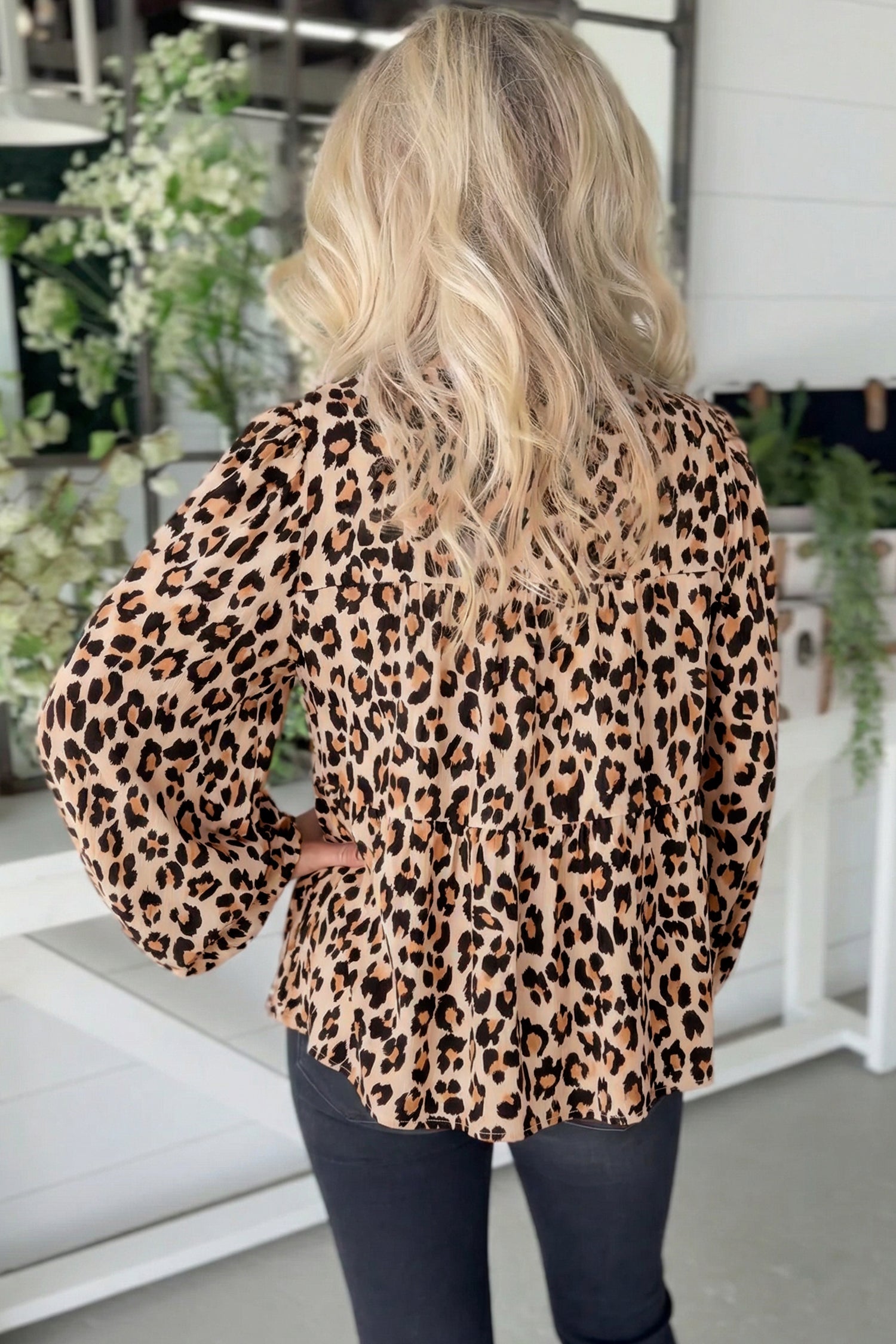 Leopard Print Tie Front Long Puff Sleeve Blouse