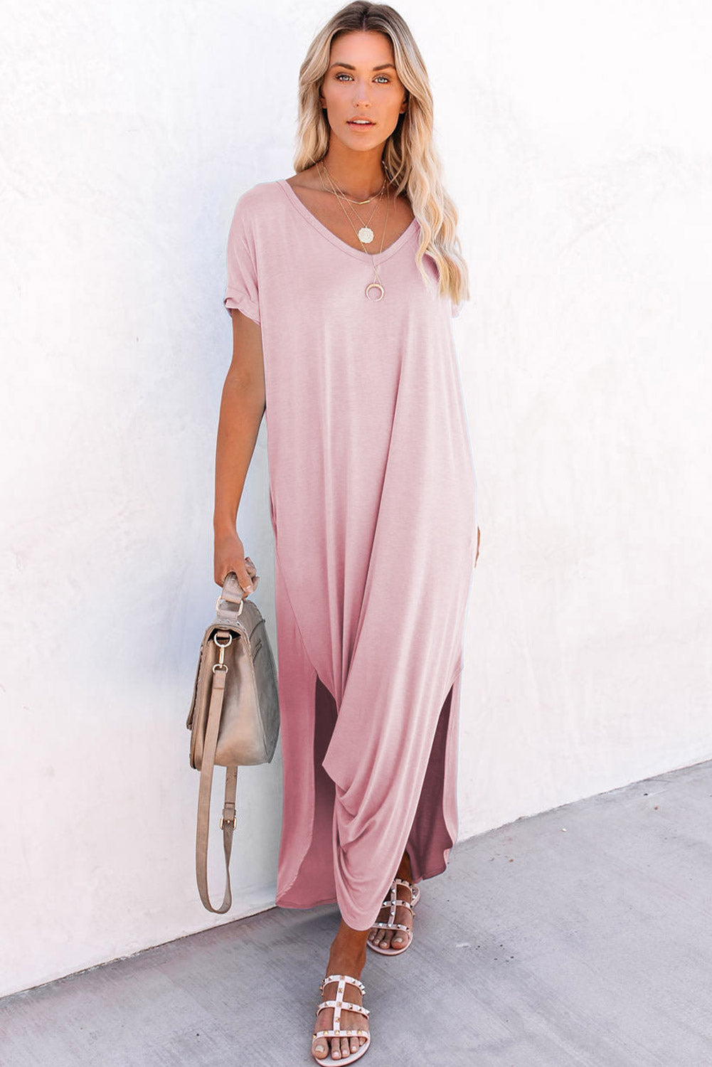 Pink V Neck Hidden Pocket Splits Maxi T-shirt Dress eAura