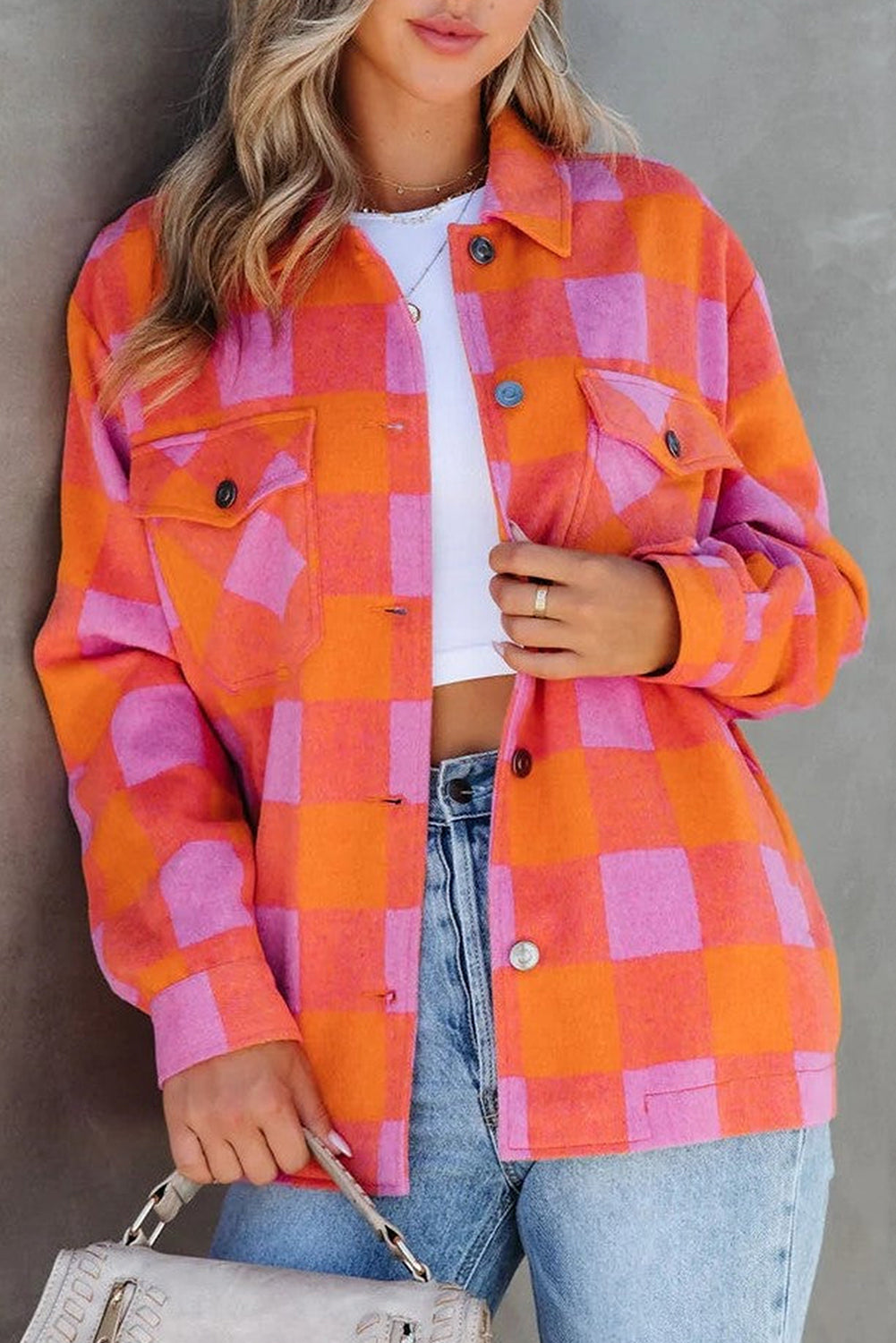 Orange Plaid Chest Pockets Button-up Turn Down Collar Jacket Beagle Boutique Fashion Outlet