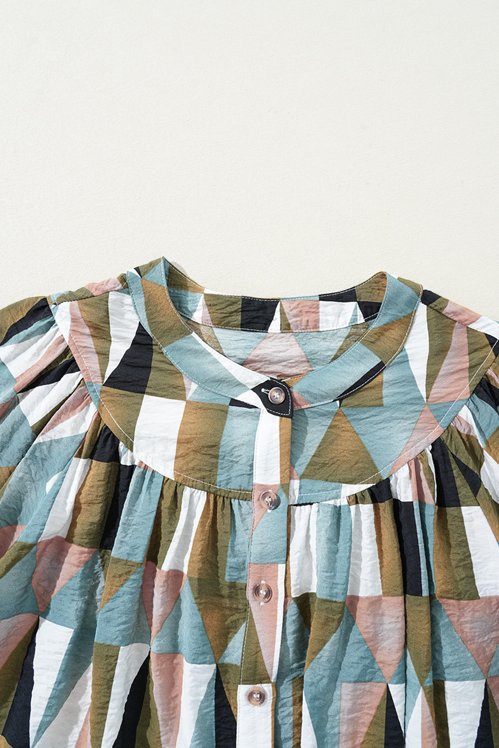 Green Geometric Print Buttoned Balloon Sleeve Loose Fit Shirt BB Fashion Outlet