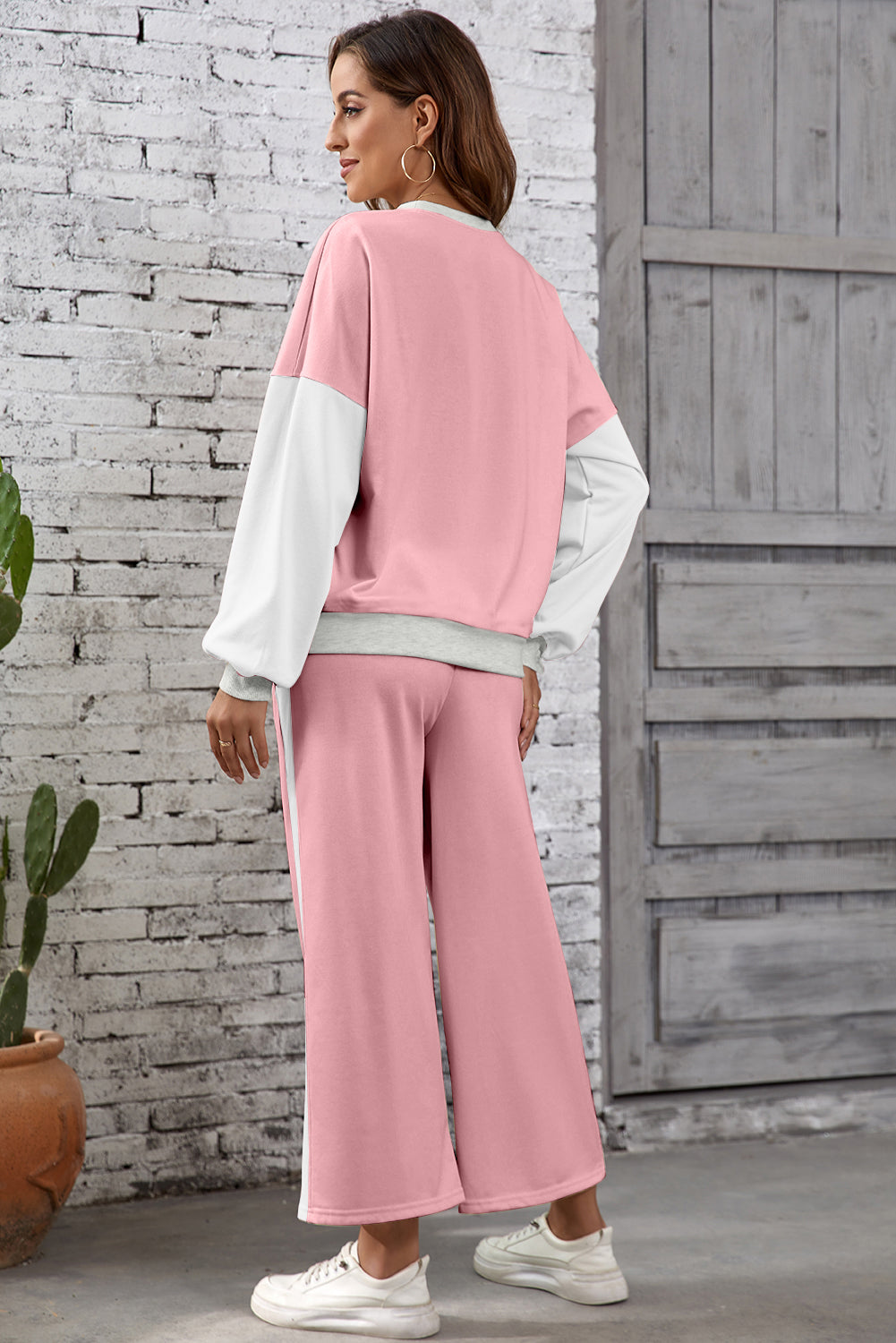 Chestnut 2pcs Color Block Pullover Loose Pant Set Dear-Lover Dropshipping