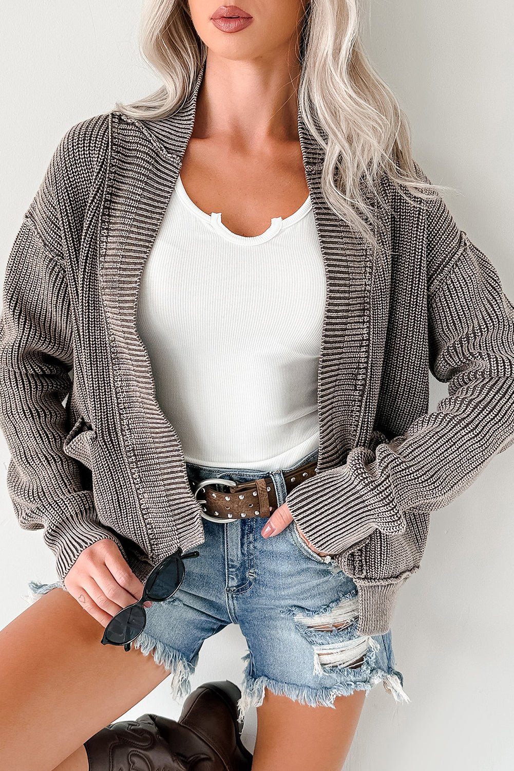 Mineral Wash Exposed Seam Patchwork Knit Open Cardigan