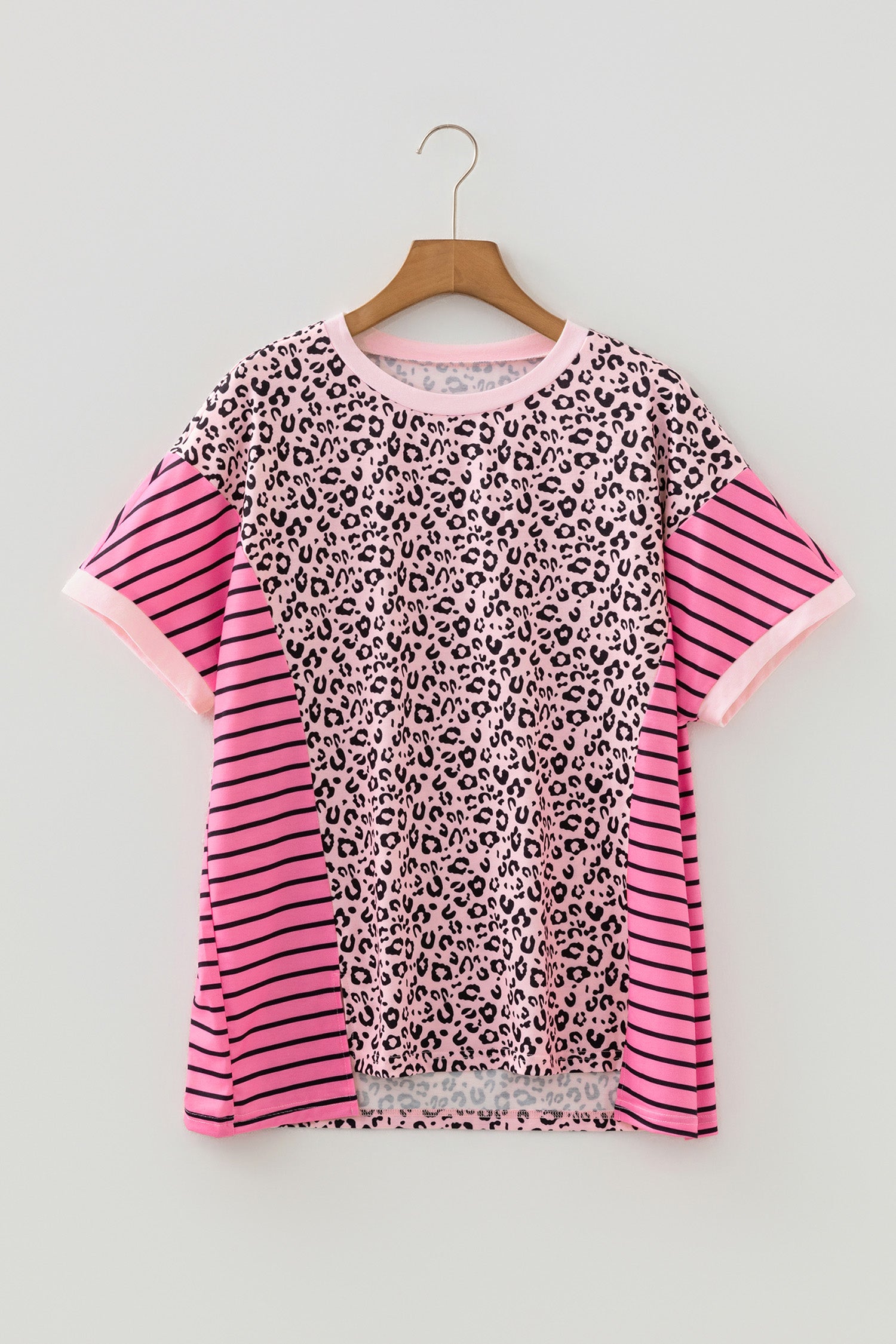 Plus Size Leopard Striped Contrast Patchwork Tee – Pink
