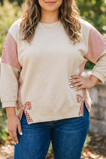 Striped Colourblock Patchwork Bow Detail Bracelet Sleeve Plus Size Top – Parchment