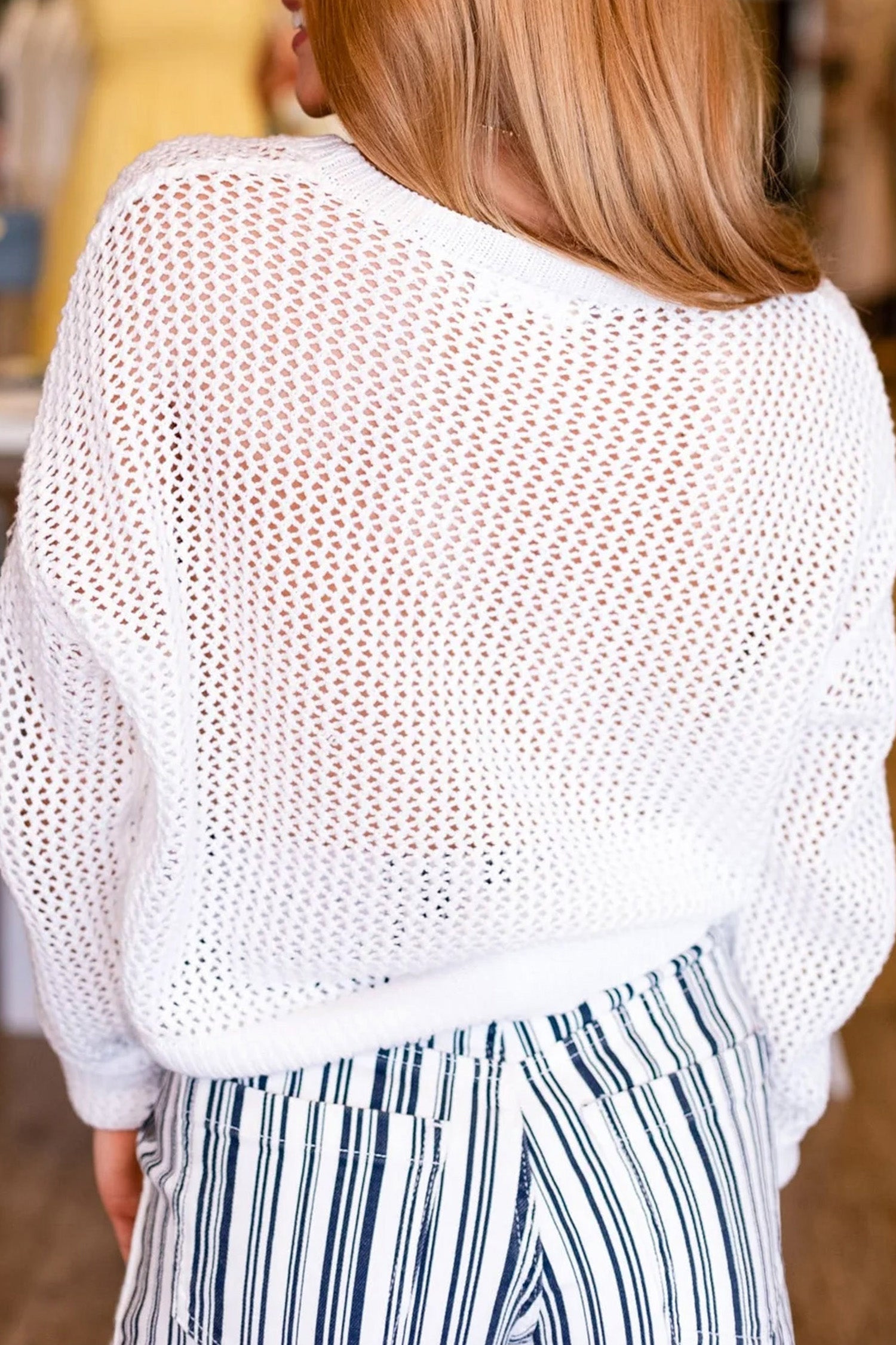 Chenille BEACH Lettering Hollow Out Knit Casual Sweater – White