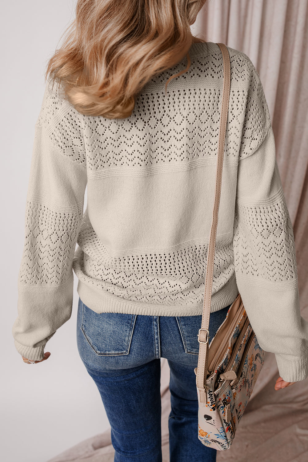 Brown Eyelet Pattern Detail V Neck Drop Shoulder Sweater eAura