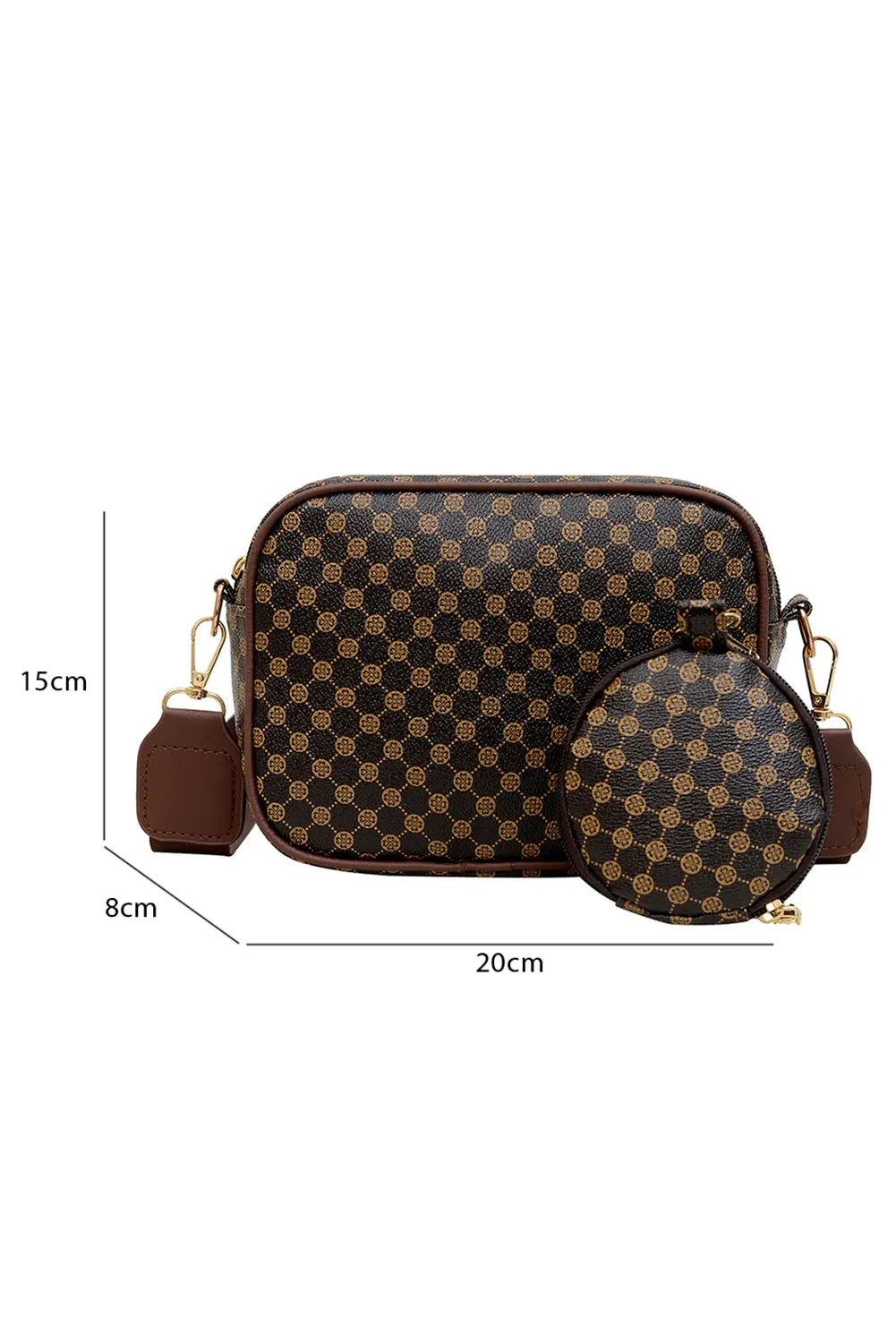 Coffee PU Leather Geometric Pattern Adjustable Strap Shoulder Bag with Wallet
