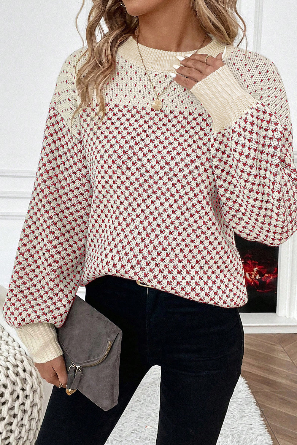 Contrast Colour Pattern Lantern Sleeve Sweater eAura