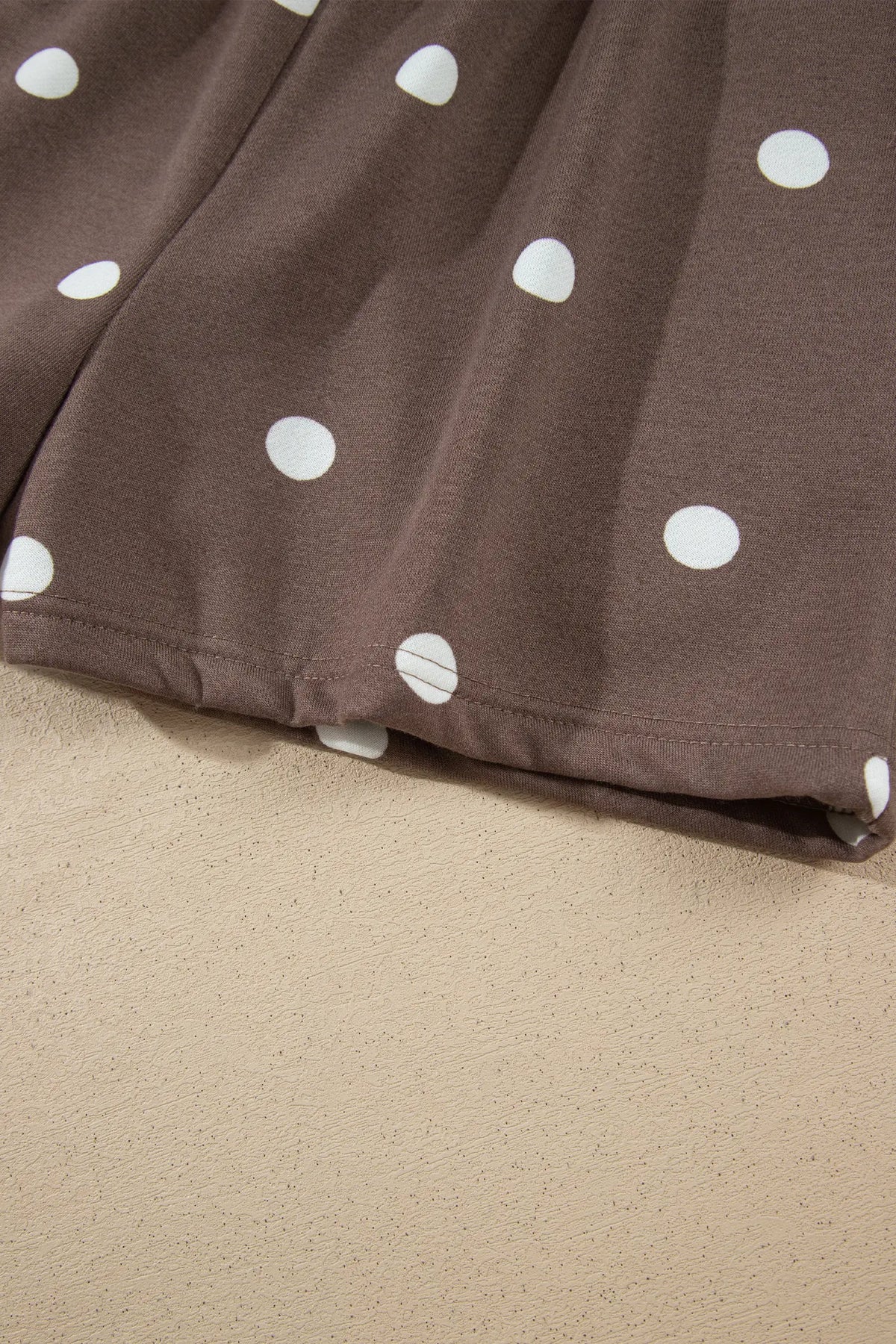 Polka Dot Ribbed Trim Long Sleeve Top Casual Short Set – Brown
